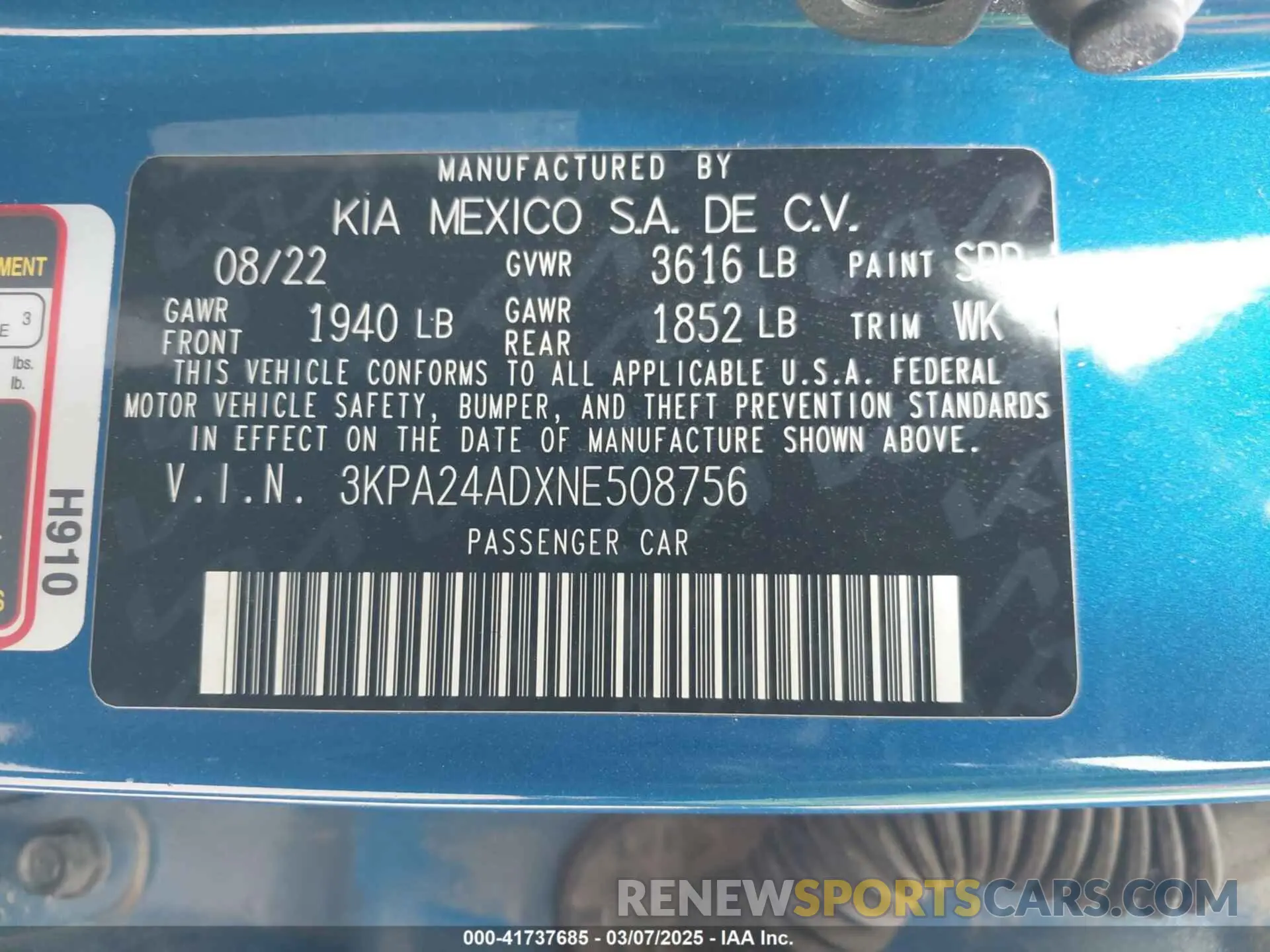 9 Photograph of a damaged car 3KPA24ADXNE508756 KIA RIO 2022