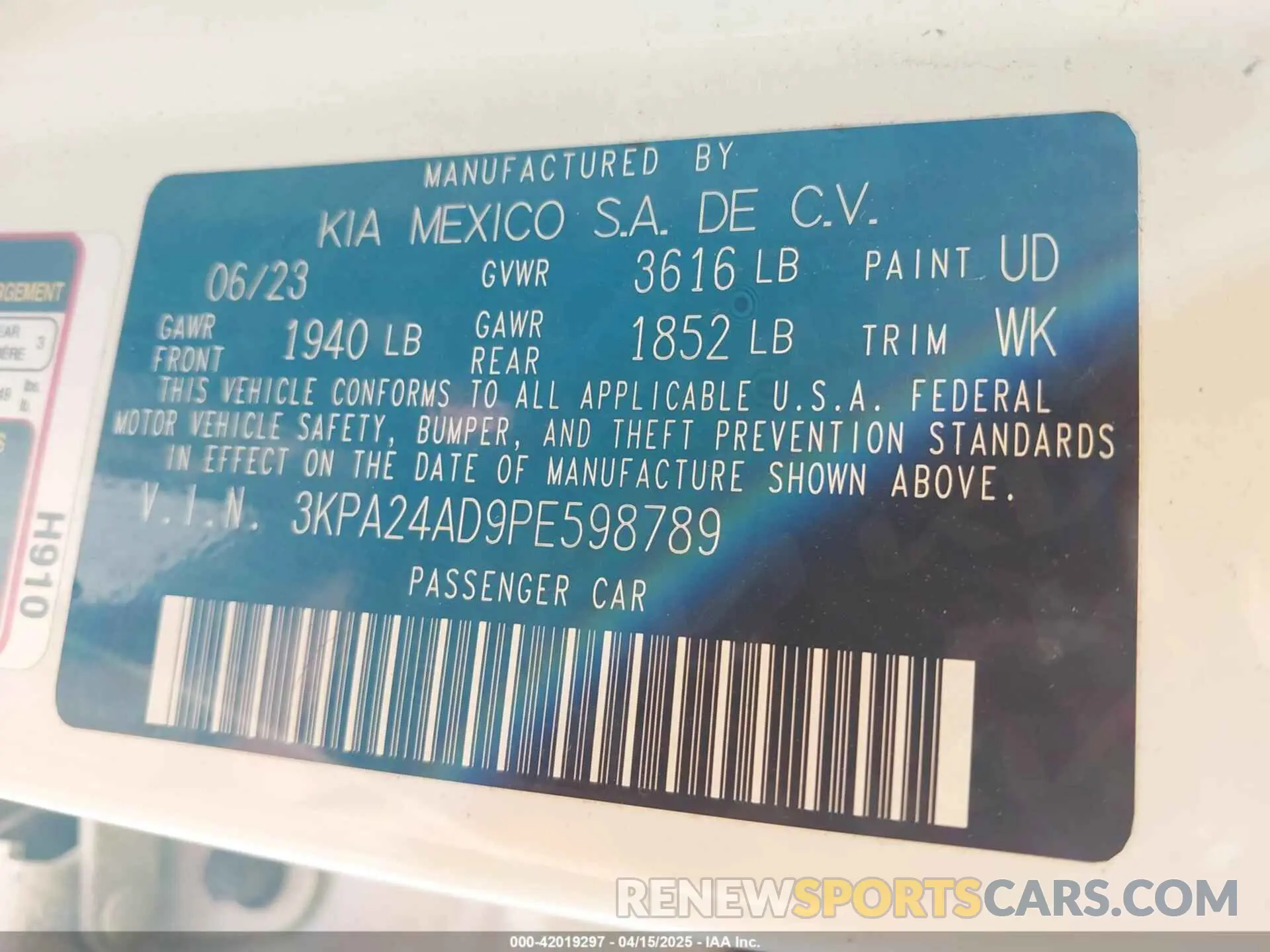 9 Photograph of a damaged car 3KPA24AD9PE598789 KIA RIO 2023