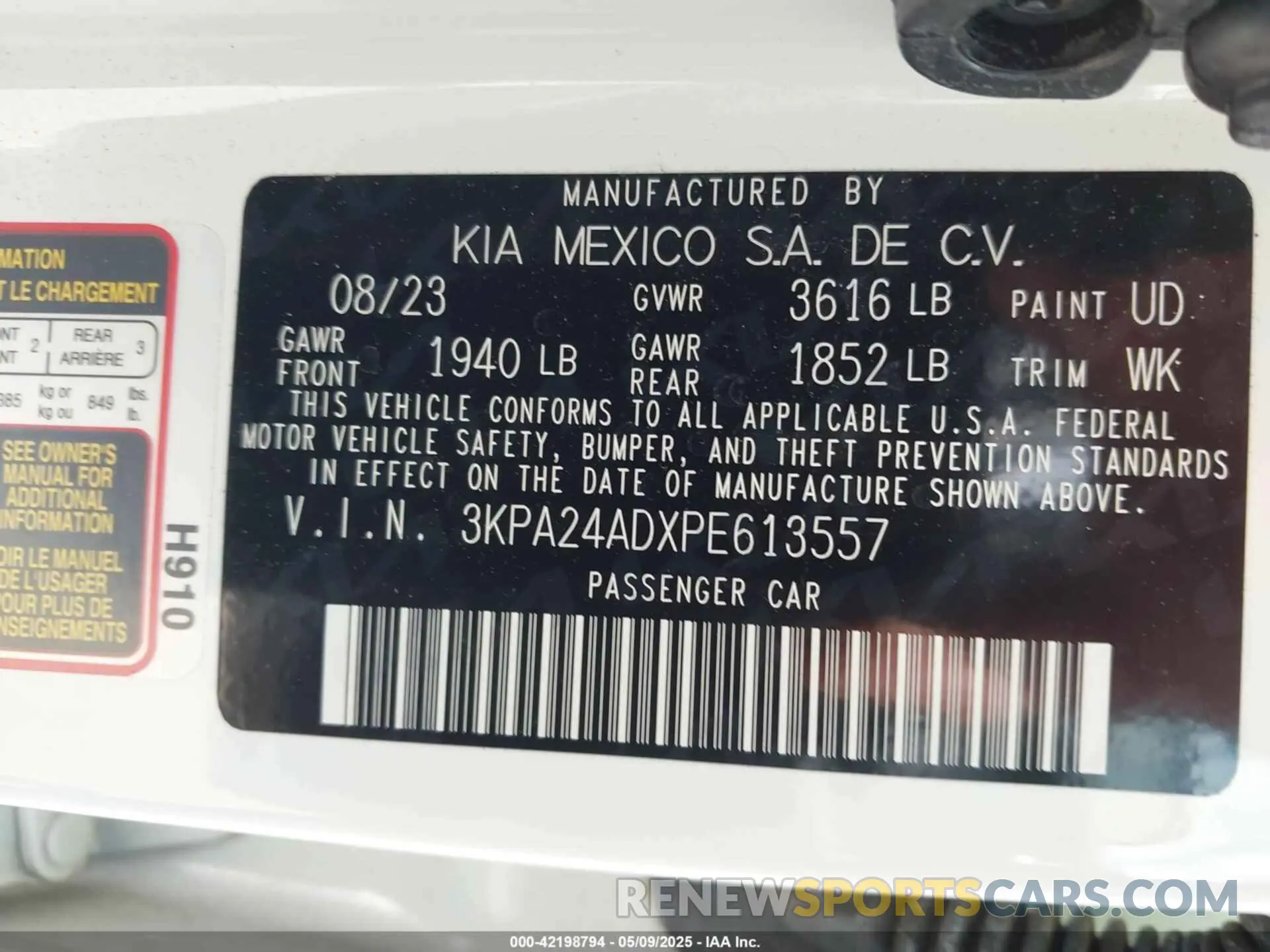9 Photograph of a damaged car 3KPA24ADXPE613557 KIA RIO 2023