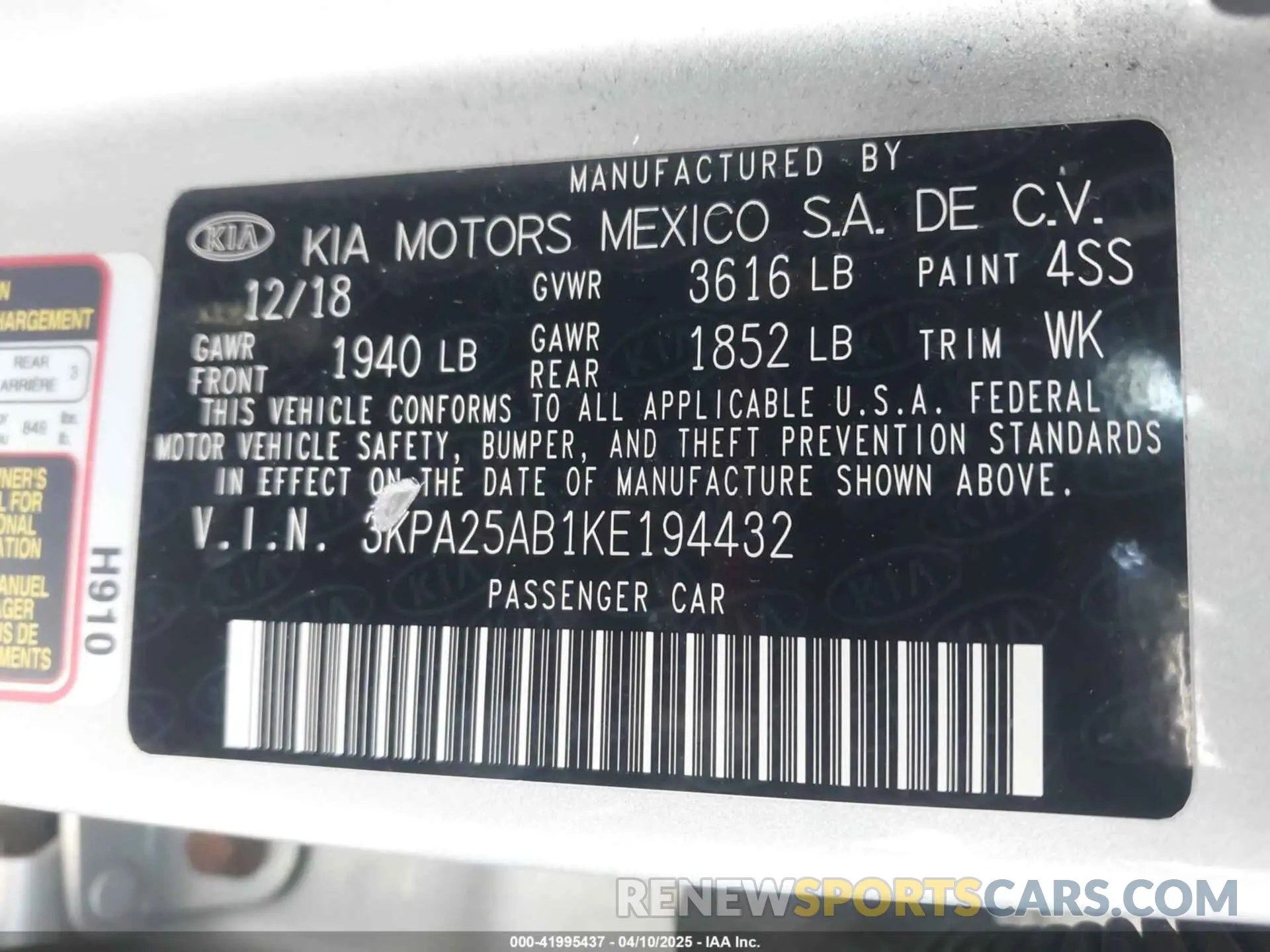9 Photograph of a damaged car 3KPA25AB1KE194432 KIA RIO 5-DOOR 2019