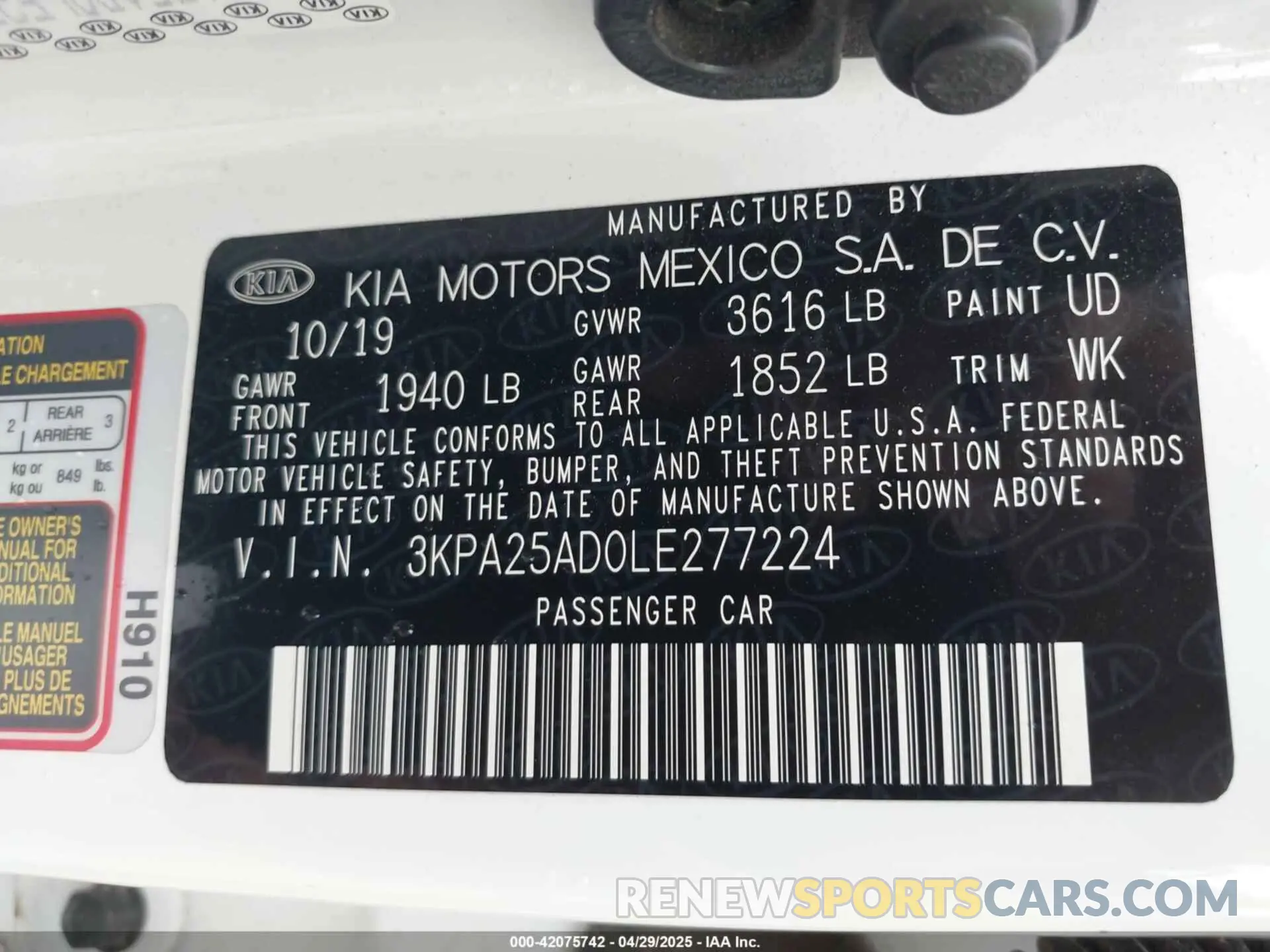 9 Photograph of a damaged car 3KPA25AD0LE277224 KIA RIO 5-DOOR 2020