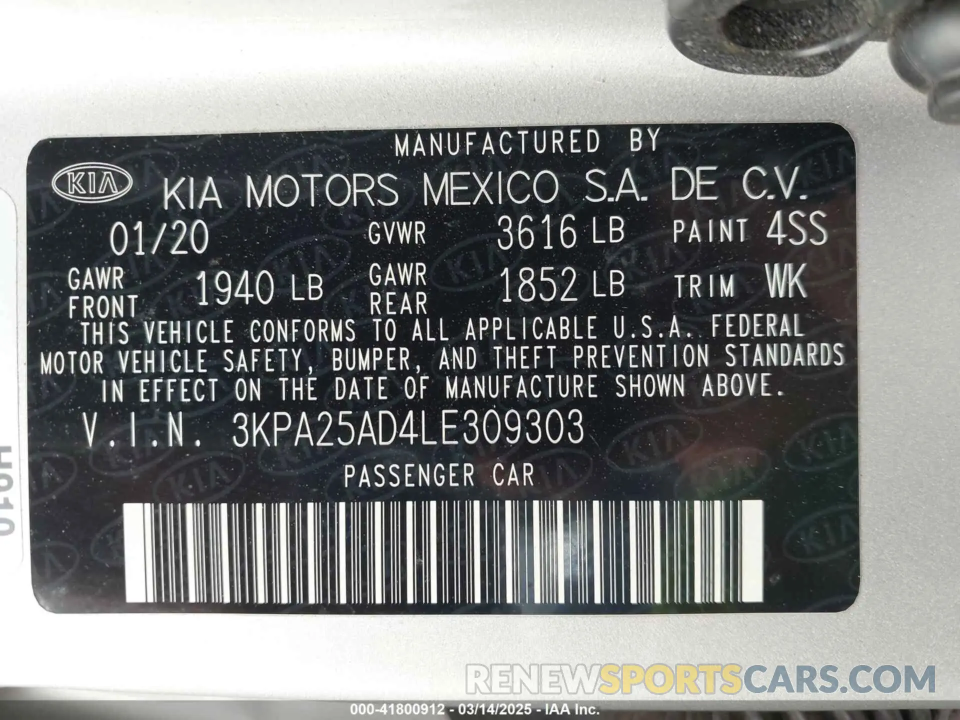 9 Photograph of a damaged car 3KPA25AD4LE309303 KIA RIO 5-DOOR 2020