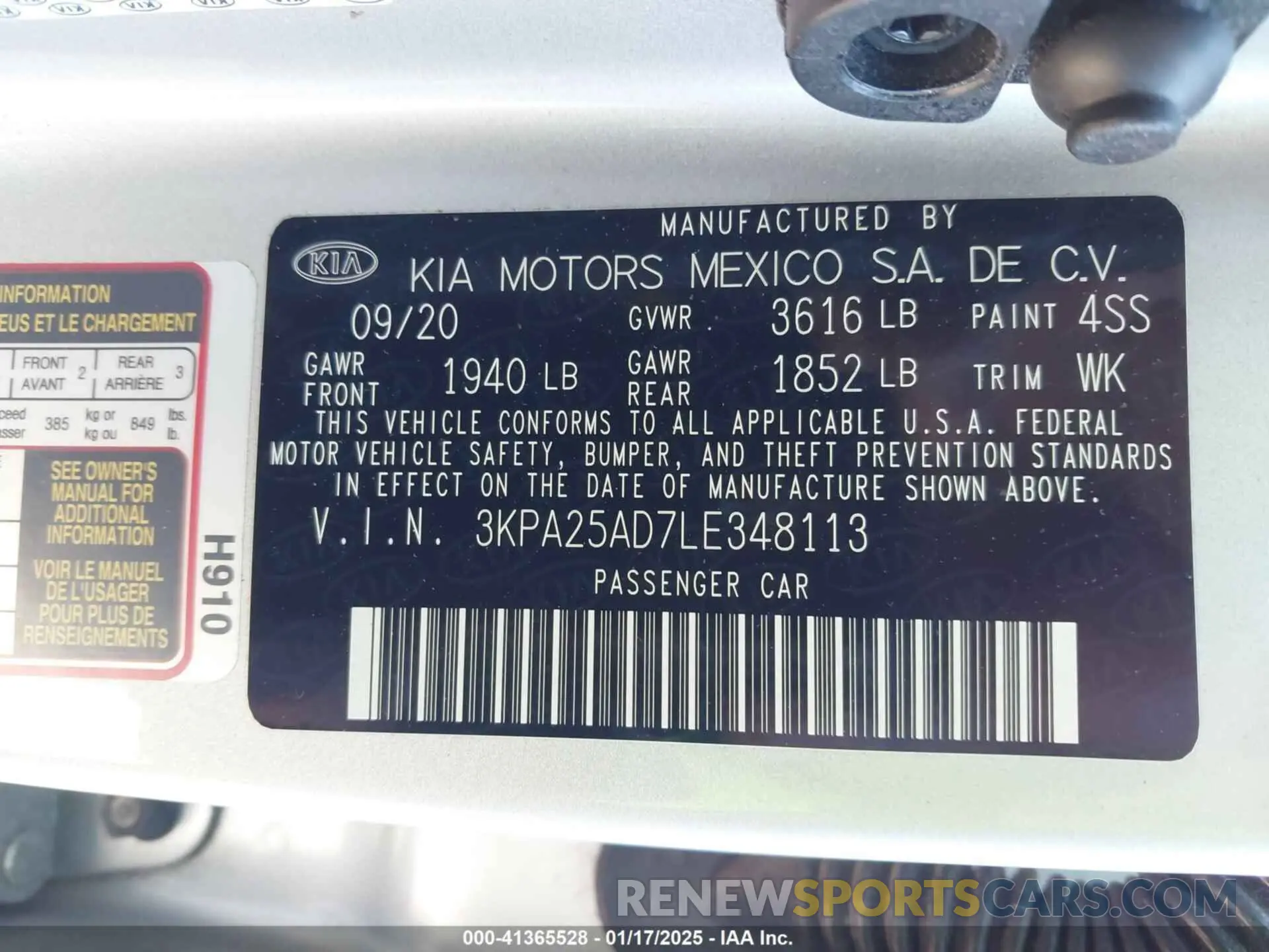9 Photograph of a damaged car 3KPA25AD7LE348113 KIA RIO 5-DOOR 2020
