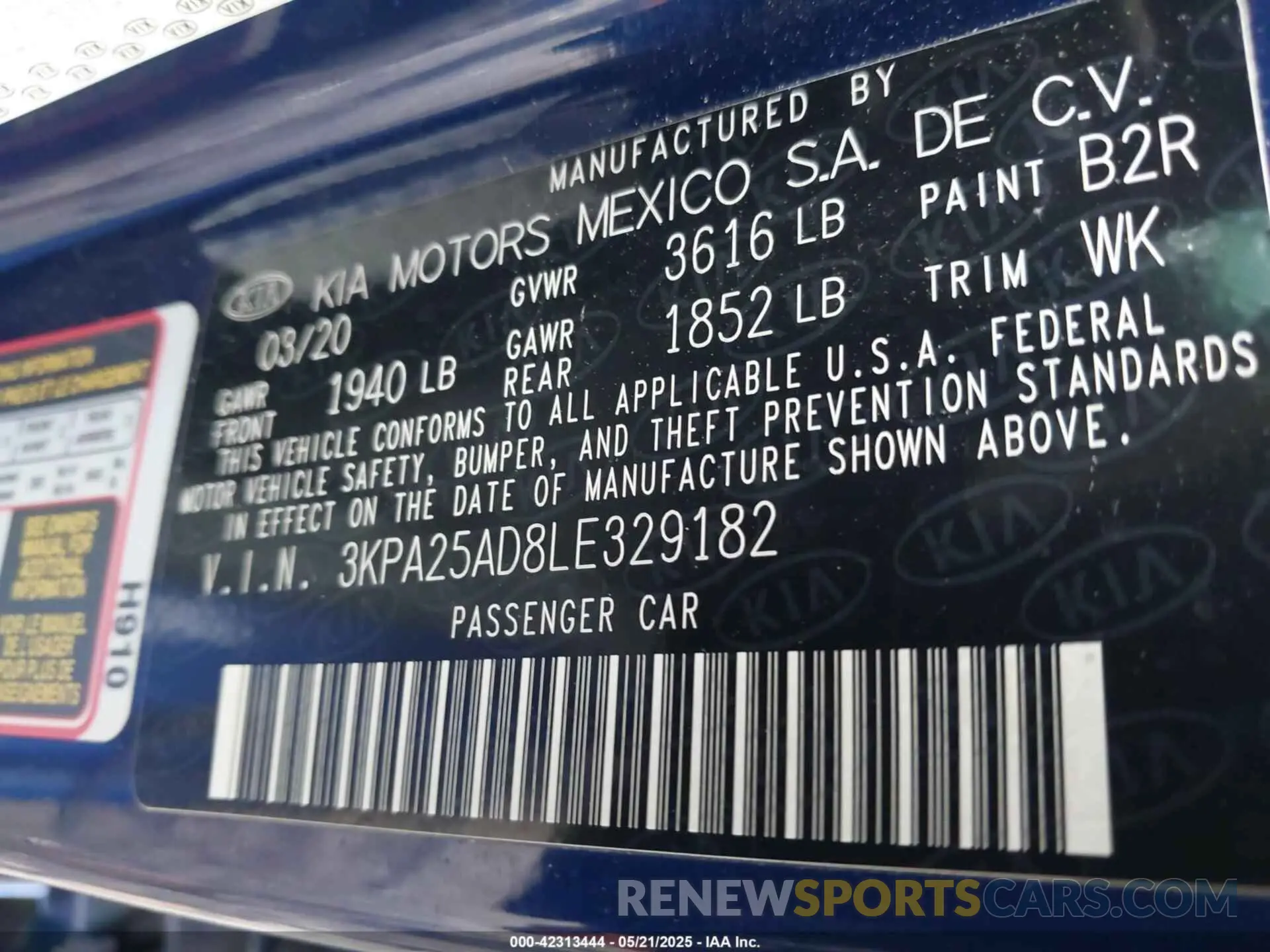 9 Photograph of a damaged car 3KPA25AD8LE329182 KIA RIO 5-DOOR 2020