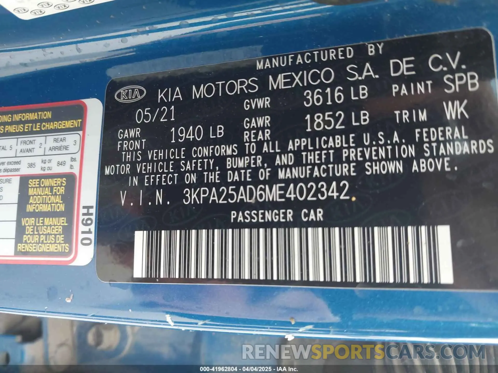9 Photograph of a damaged car 3KPA25AD6ME402342 KIA RIO 5-DOOR 2021