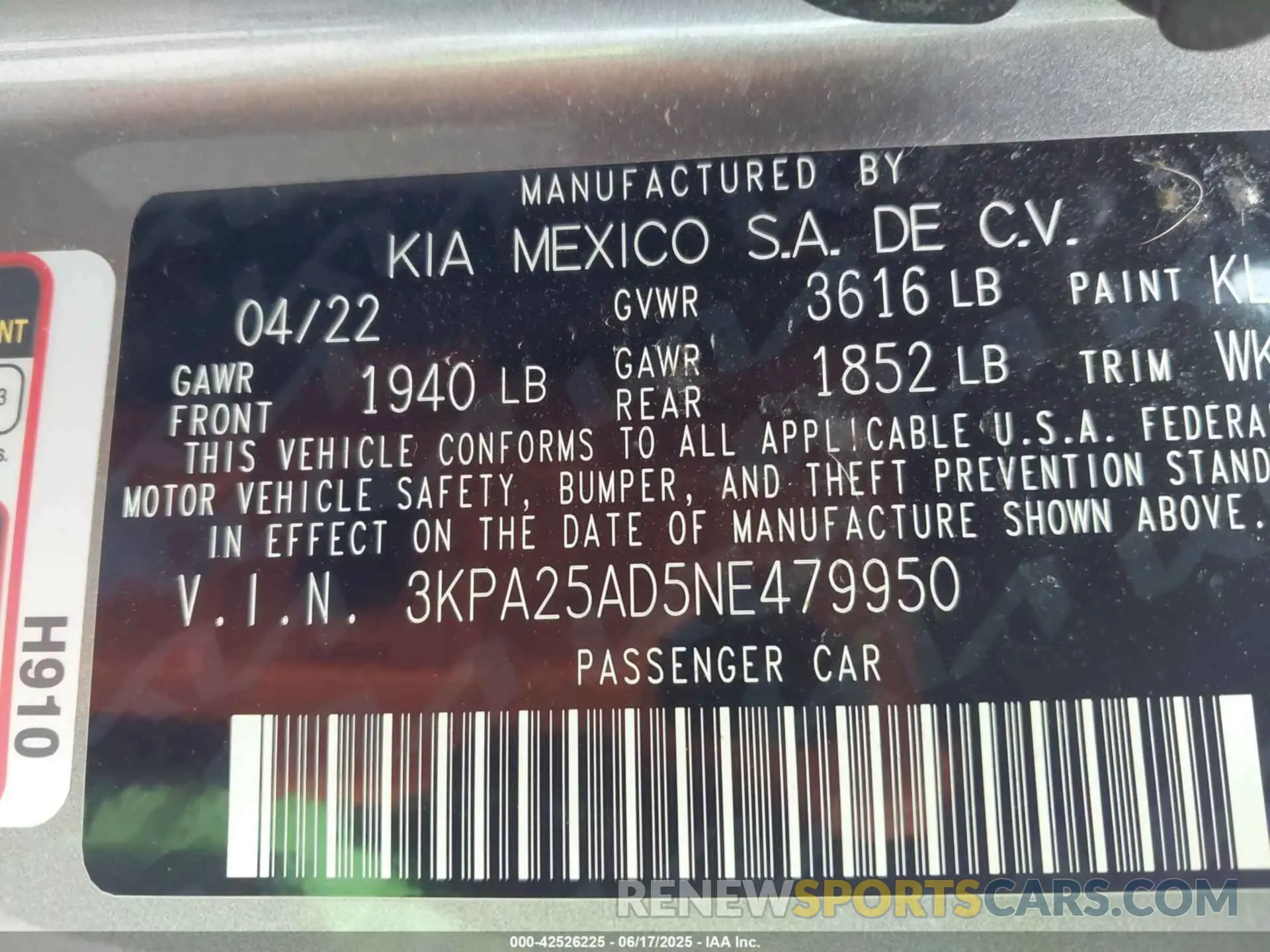 9 Photograph of a damaged car 3KPA25AD5NE479950 KIA RIO 5-DOOR 2022