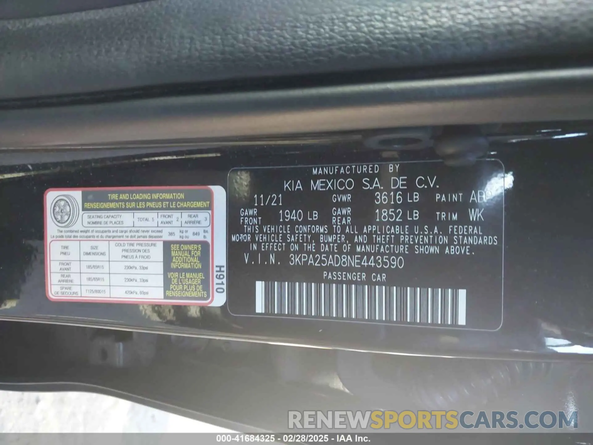 9 Photograph of a damaged car 3KPA25AD8NE443590 KIA RIO 5-DOOR 2022