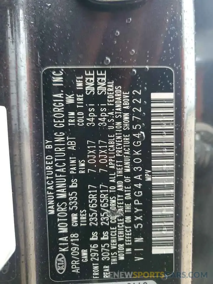 15 Photograph of a damaged car 5XYPG4A30KG457222 KIA SORENTO 2019