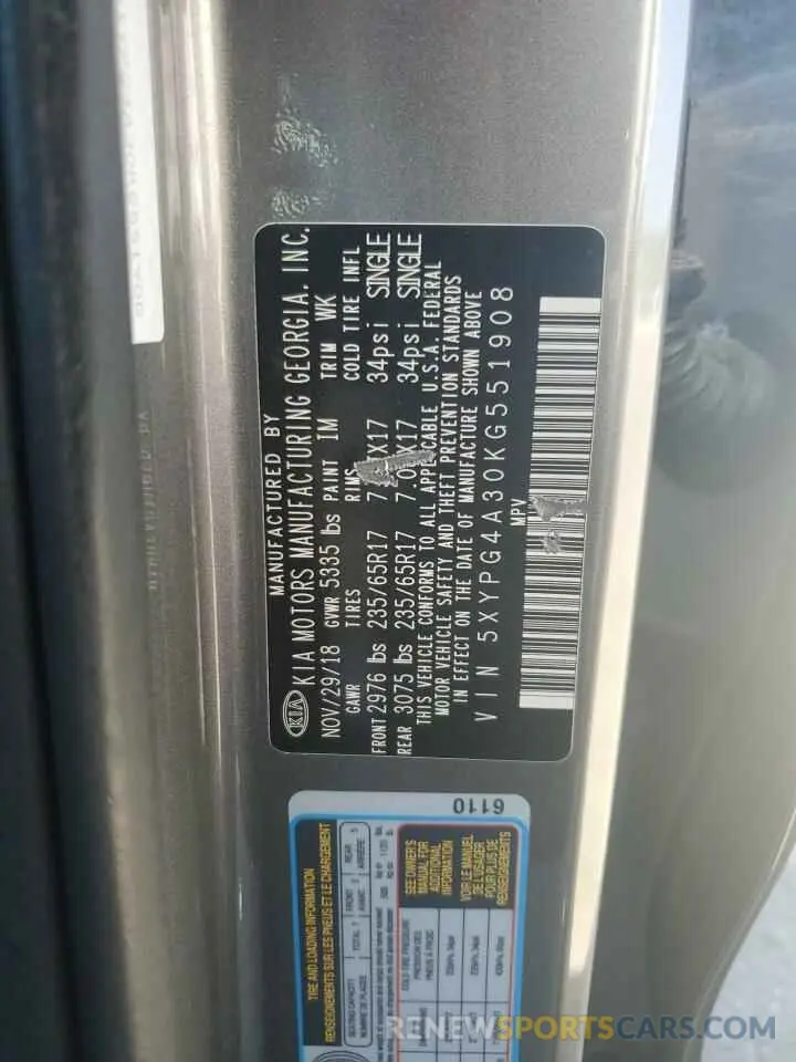 12 Photograph of a damaged car 5XYPG4A30KG551908 KIA SORENTO 2019