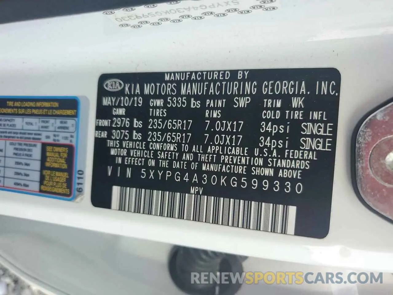 13 Photograph of a damaged car 5XYPG4A30KG599330 KIA SORENTO 2019