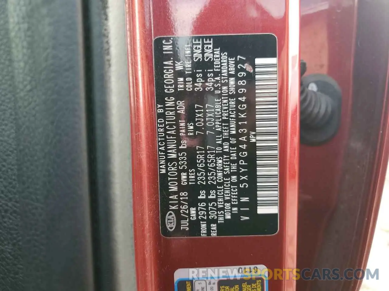 13 Photograph of a damaged car 5XYPG4A31KG498927 KIA SORENTO 2019