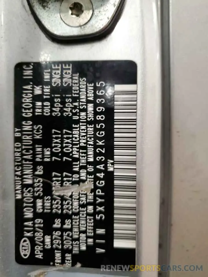 16 Photograph of a damaged car 5XYPG4A32KG589365 KIA SORENTO 2019