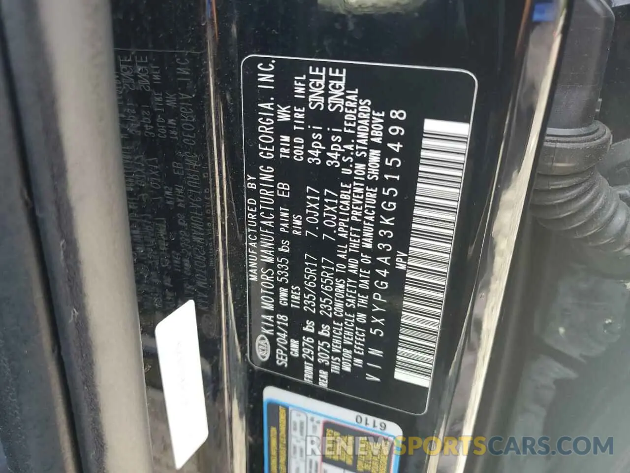 13 Photograph of a damaged car 5XYPG4A33KG515498 KIA SORENTO 2019