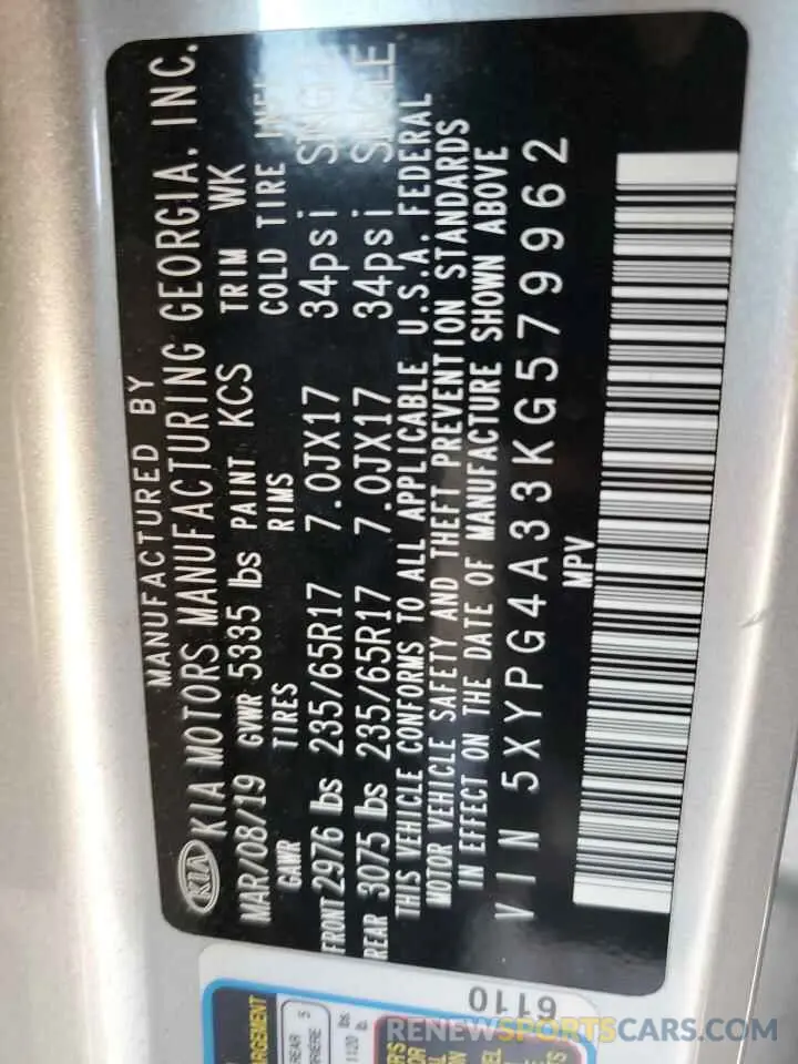 13 Photograph of a damaged car 5XYPG4A33KG579962 KIA SORENTO 2019