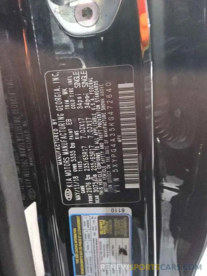 13 Photograph of a damaged car 5XYPG4A35KG472640 KIA SORENTO 2019