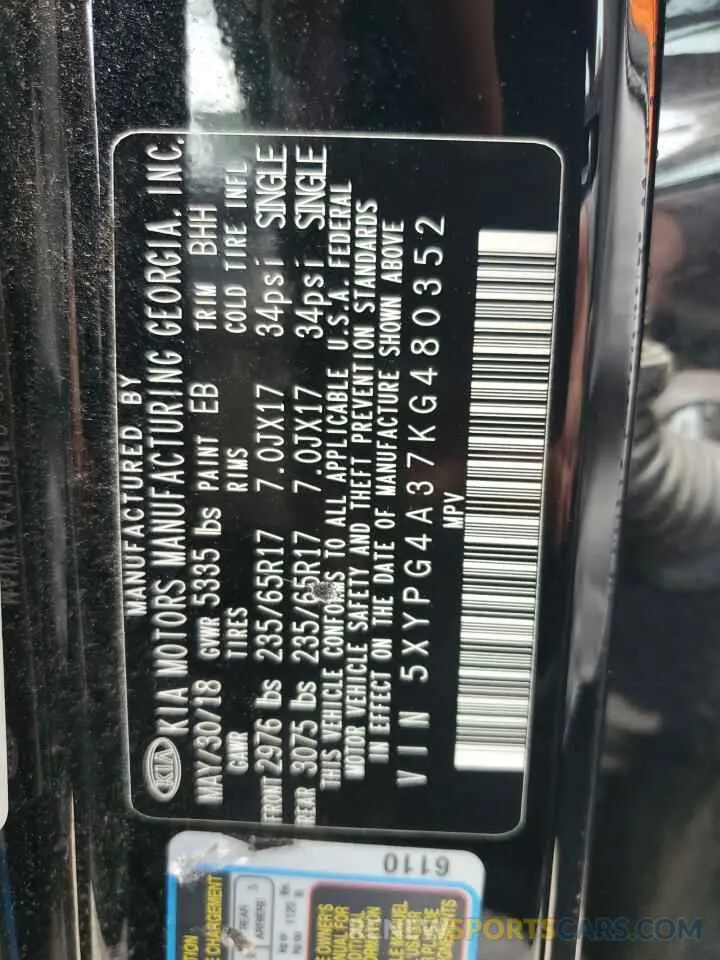 13 Photograph of a damaged car 5XYPG4A37KG480352 KIA SORENTO 2019