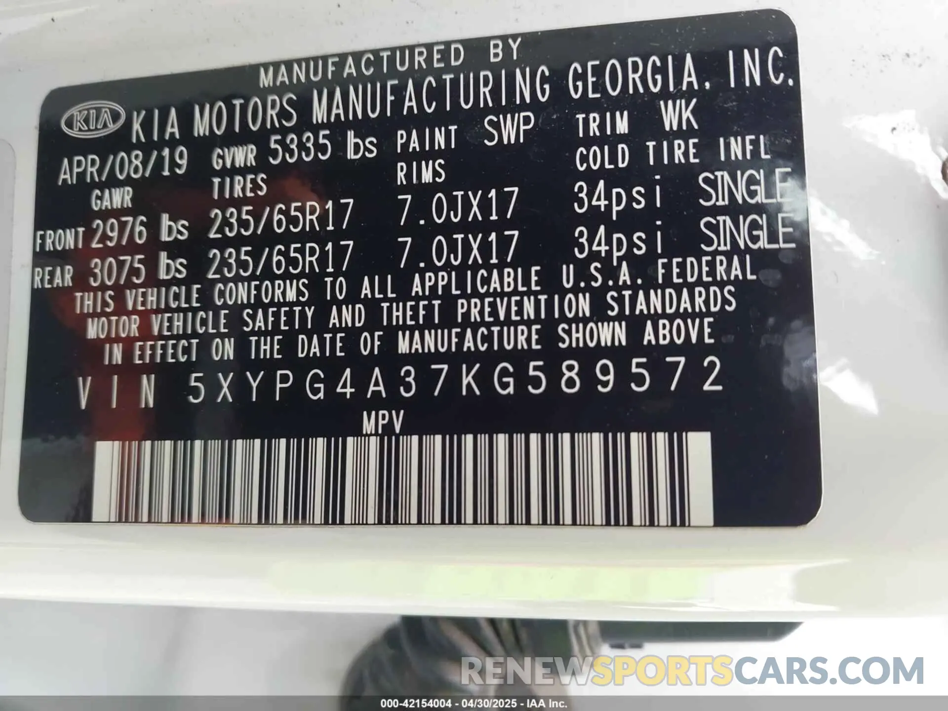 9 Photograph of a damaged car 5XYPG4A37KG589572 KIA SORENTO 2019
