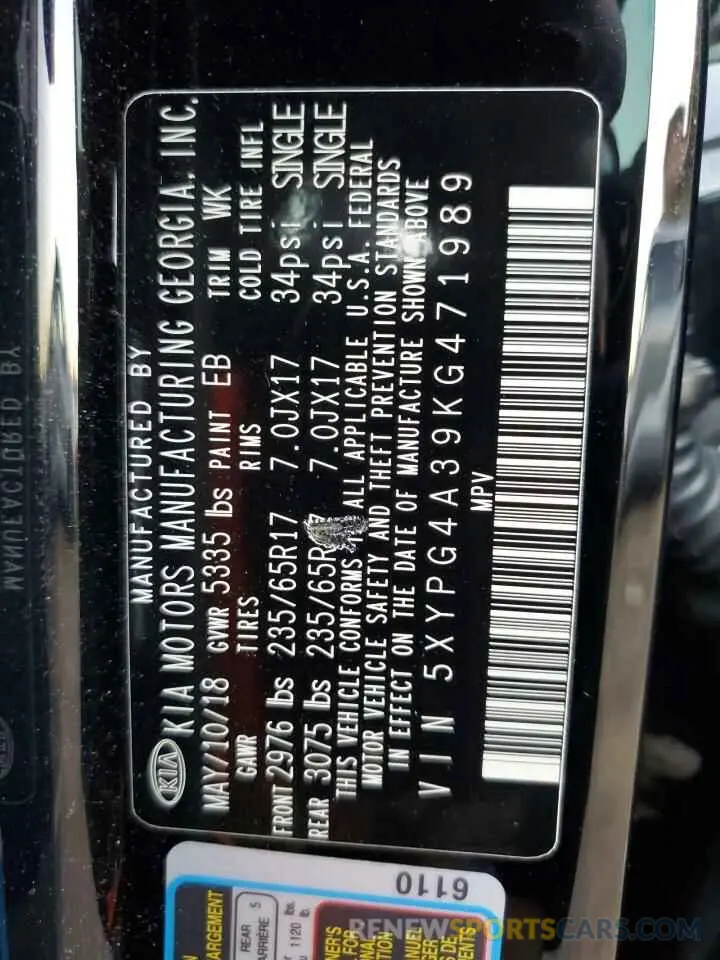 13 Photograph of a damaged car 5XYPG4A39KG471989 KIA SORENTO 2019