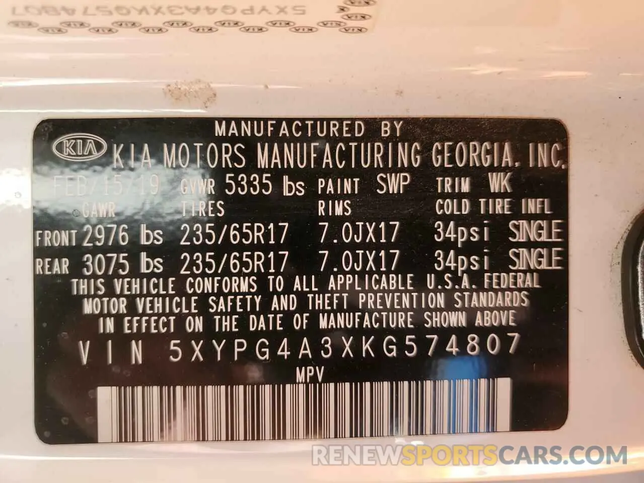 13 Photograph of a damaged car 5XYPG4A3XKG574807 KIA SORENTO 2019