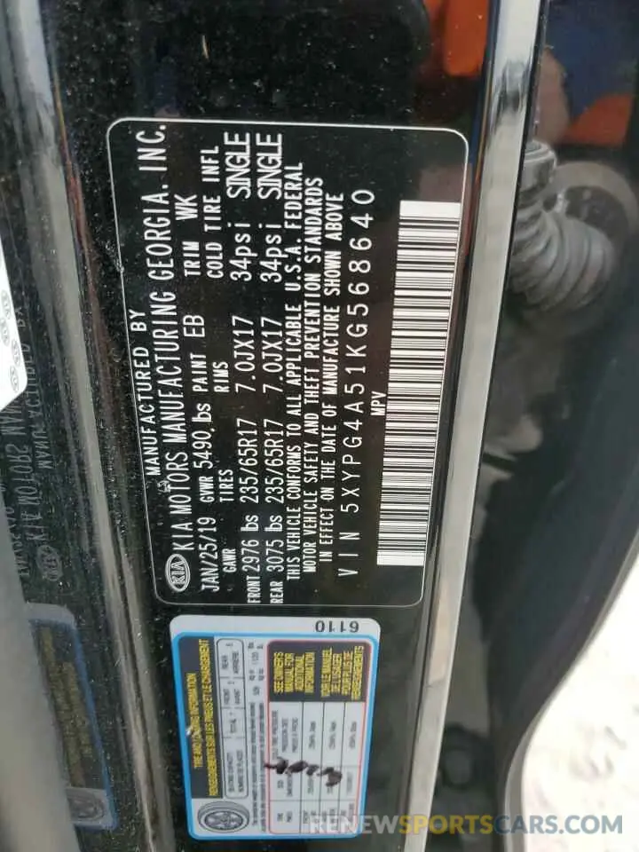 13 Photograph of a damaged car 5XYPG4A51KG568640 KIA SORENTO 2019