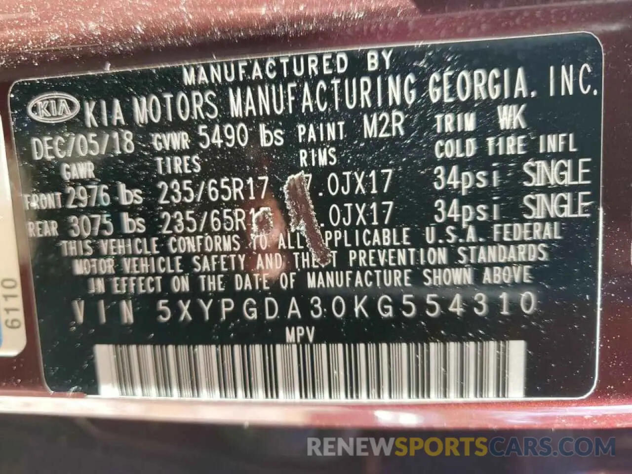 16 Photograph of a damaged car 5XYPGDA30KG554310 KIA SORENTO 2019