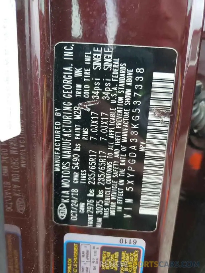 13 Photograph of a damaged car 5XYPGDA33KG537338 KIA SORENTO 2019