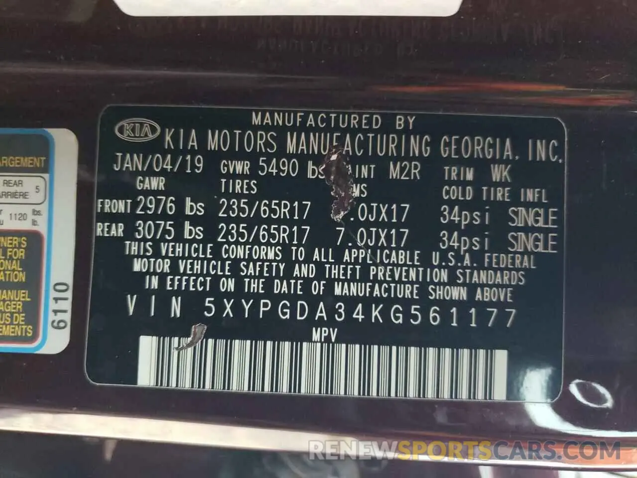 14 Photograph of a damaged car 5XYPGDA34KG561177 KIA SORENTO 2019