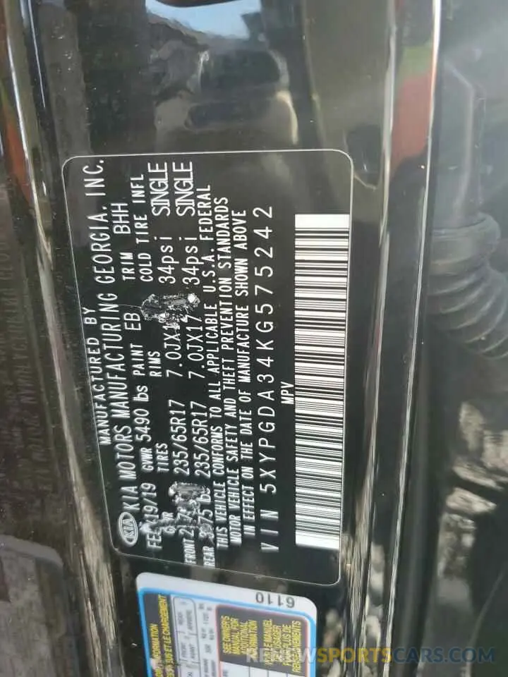 15 Photograph of a damaged car 5XYPGDA34KG575242 KIA SORENTO 2019