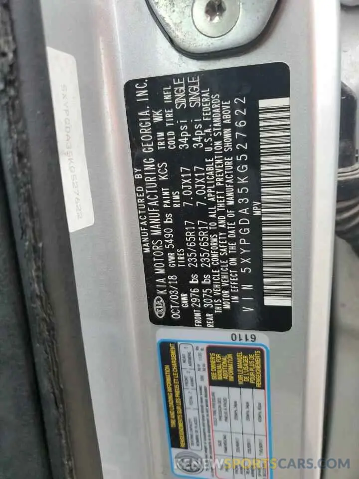 14 Photograph of a damaged car 5XYPGDA35KG527622 KIA SORENTO 2019