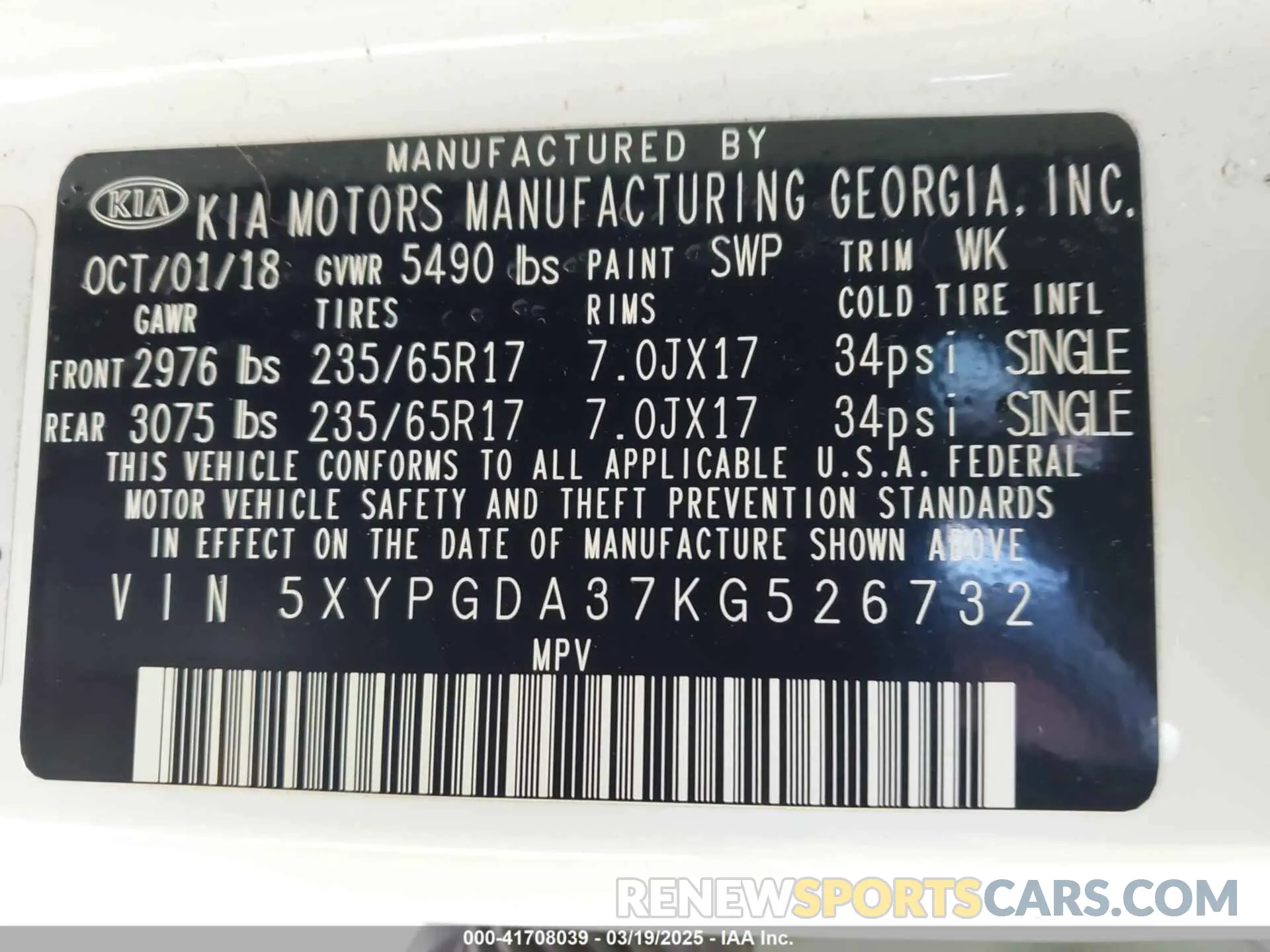 9 Photograph of a damaged car 5XYPGDA37KG526732 KIA SORENTO 2019