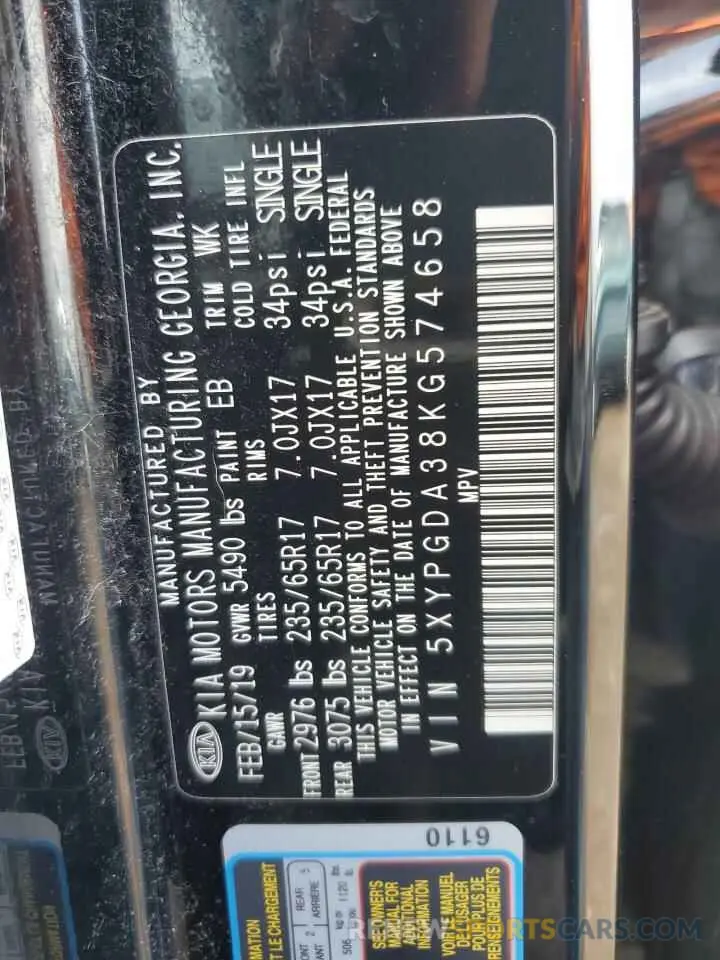 13 Photograph of a damaged car 5XYPGDA38KG574658 KIA SORENTO 2019
