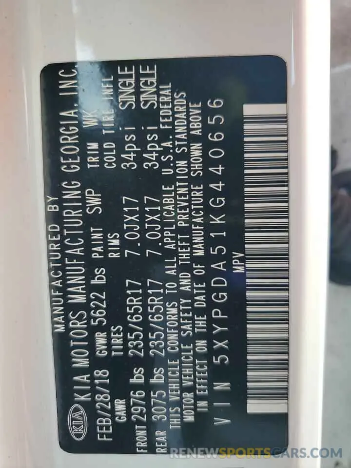 13 Photograph of a damaged car 5XYPGDA51KG440656 KIA SORENTO 2019