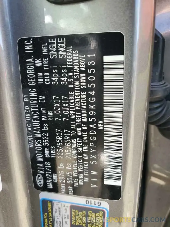 13 Photograph of a damaged car 5XYPGDA59KG450531 KIA SORENTO 2019