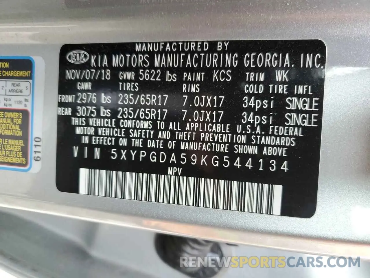 15 Photograph of a damaged car 5XYPGDA59KG544134 KIA SORENTO 2019
