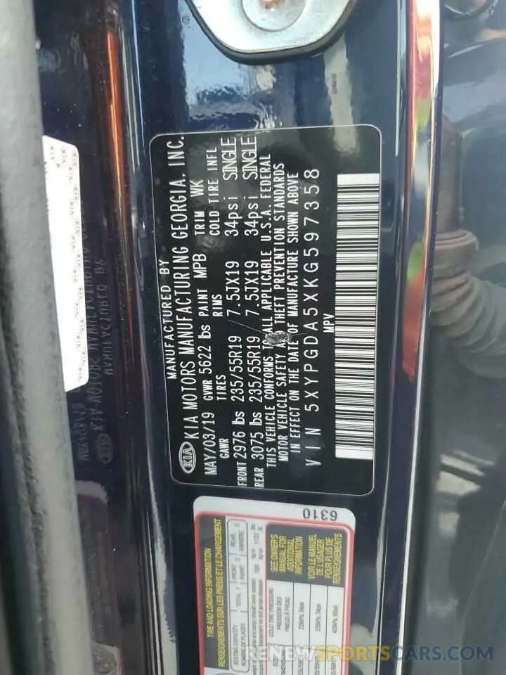 13 Photograph of a damaged car 5XYPGDA5XKG597358 KIA SORENTO 2019