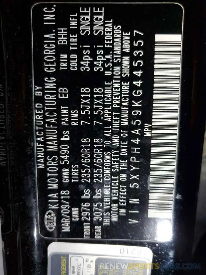 13 Photograph of a damaged car 5XYPH4A59KG445357 KIA SORENTO 2019