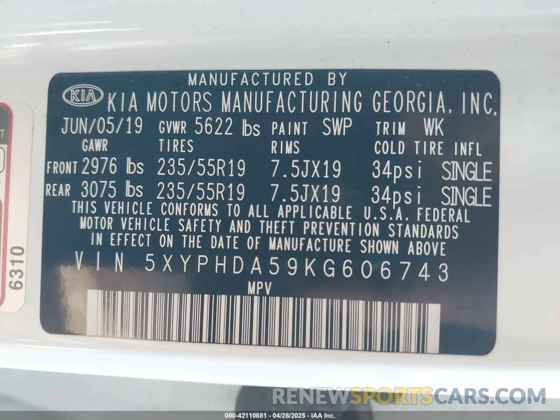 9 Photograph of a damaged car 5XYPHDA59KG606743 KIA SORENTO 2019