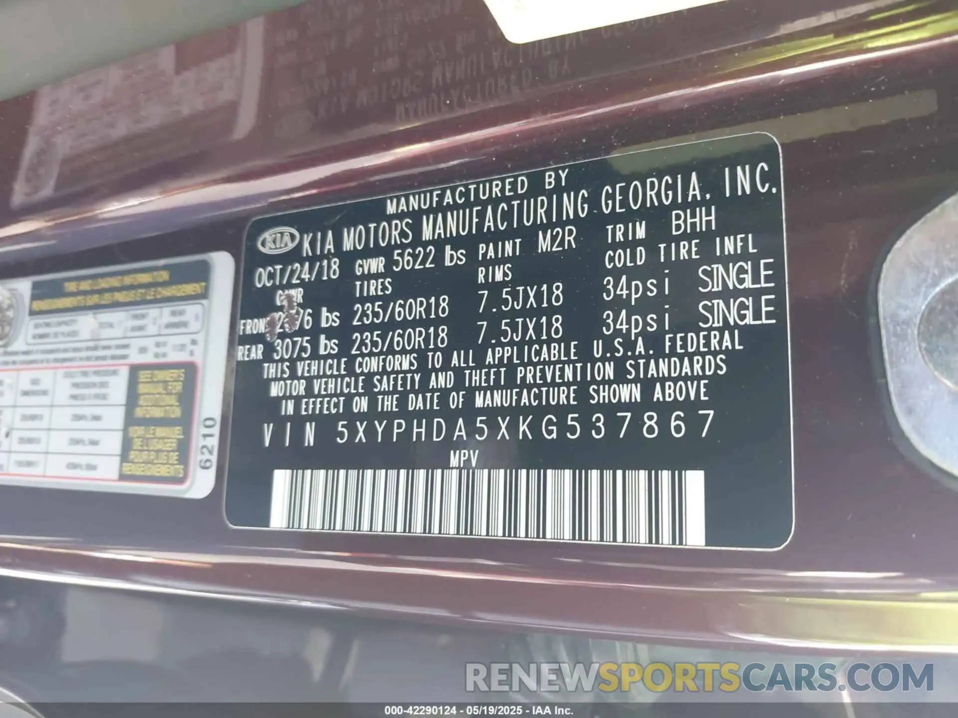9 Photograph of a damaged car 5XYPHDA5XKG537867 KIA SORENTO 2019