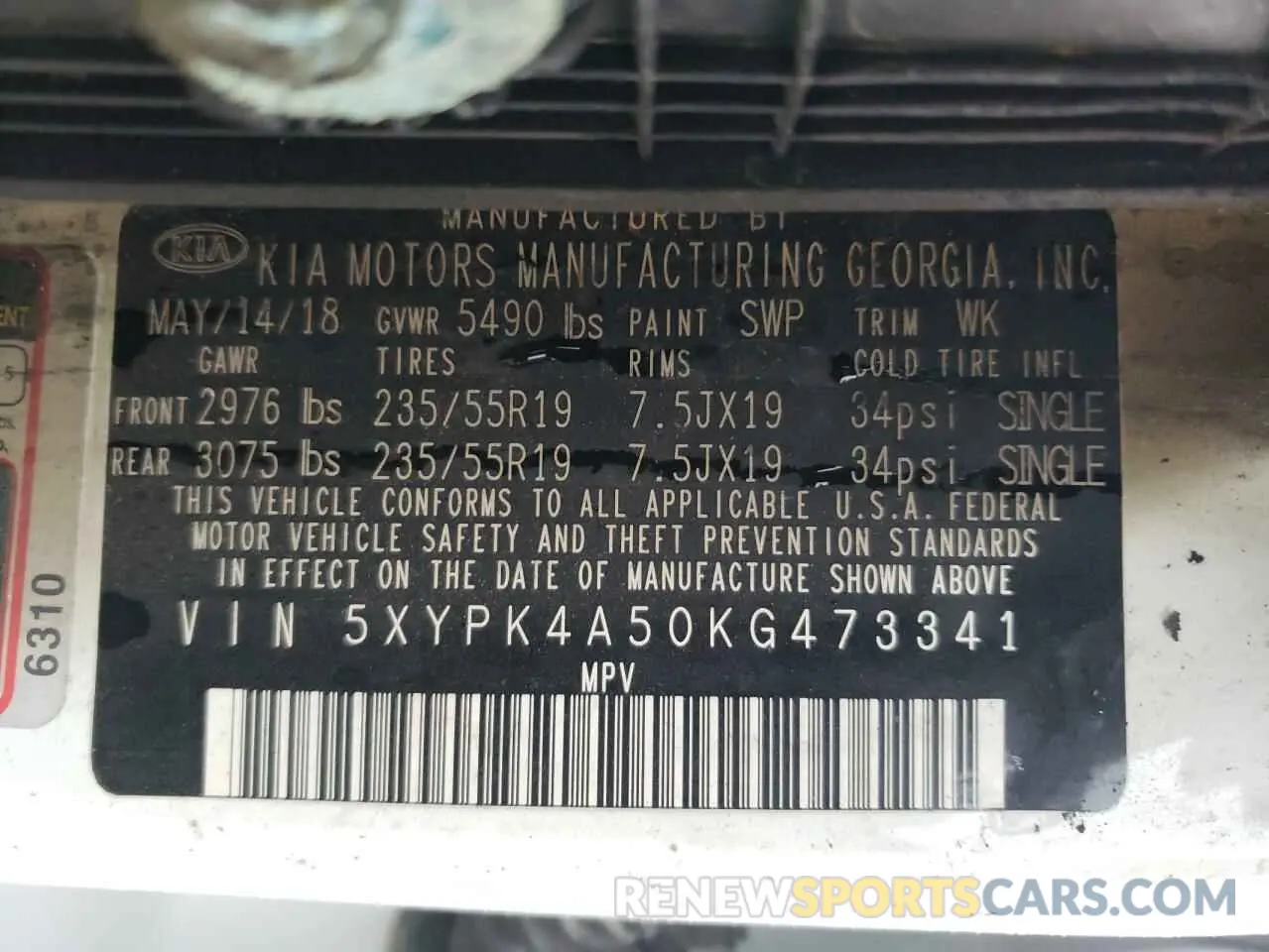 12 Photograph of a damaged car 5XYPK4A50KG473341 KIA SORENTO 2019