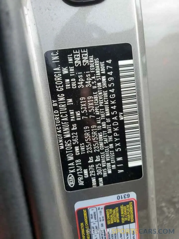13 Photograph of a damaged car 5XYPKDA54KG459474 KIA SORENTO 2019