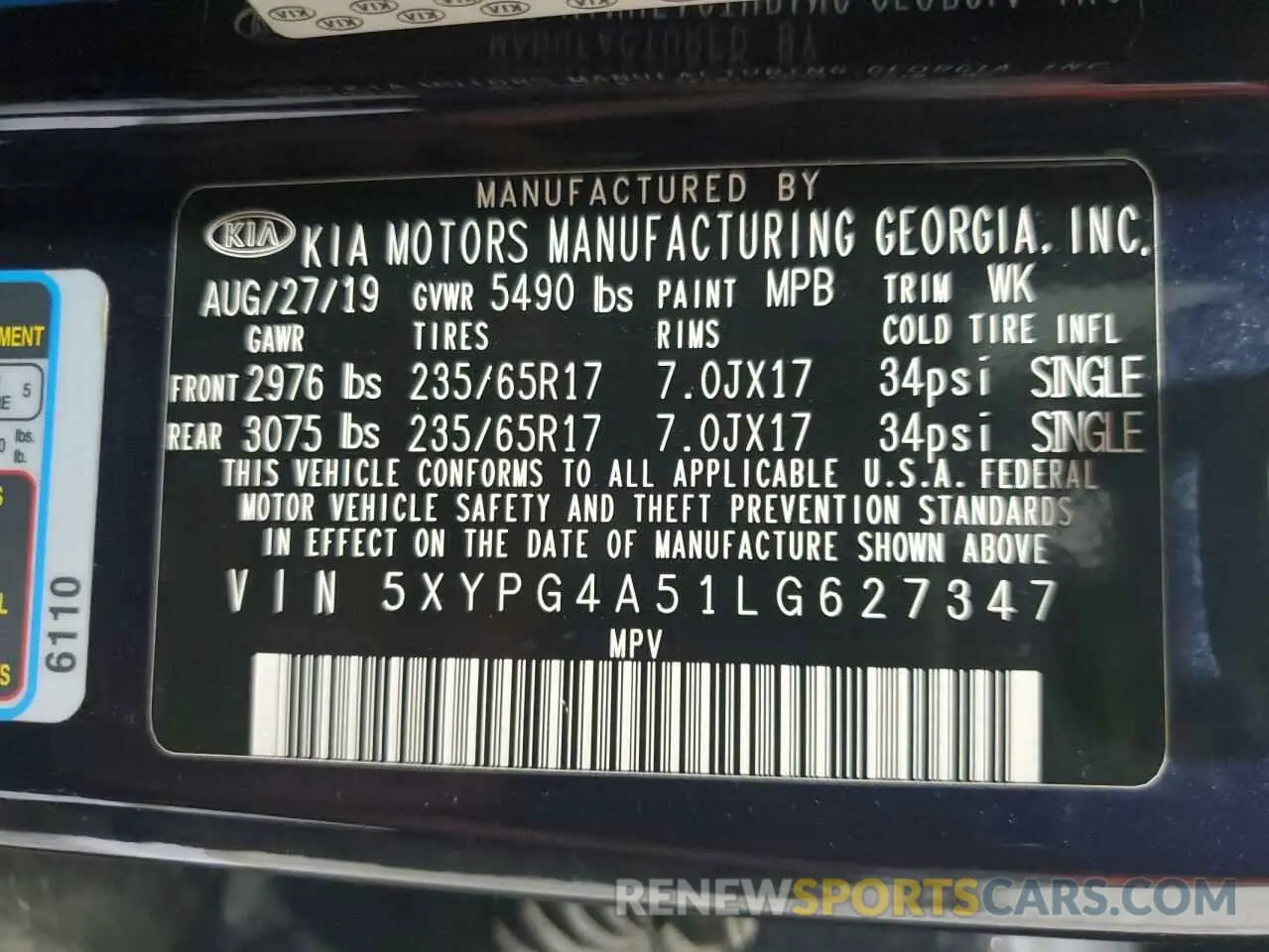 13 Photograph of a damaged car 5XYPG4A51LG627347 KIA SORENTO 2020
