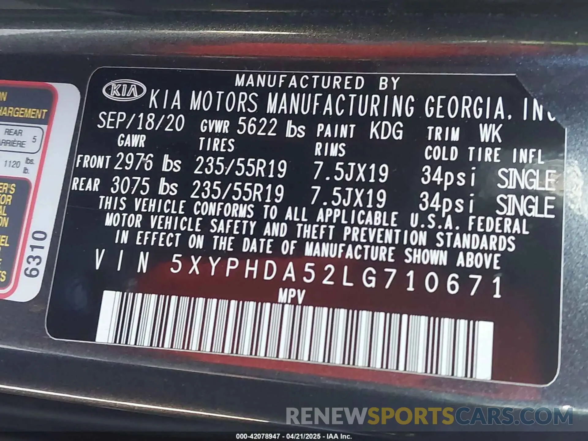 9 Photograph of a damaged car 5XYPHDA52LG710671 KIA SORENTO 2020
