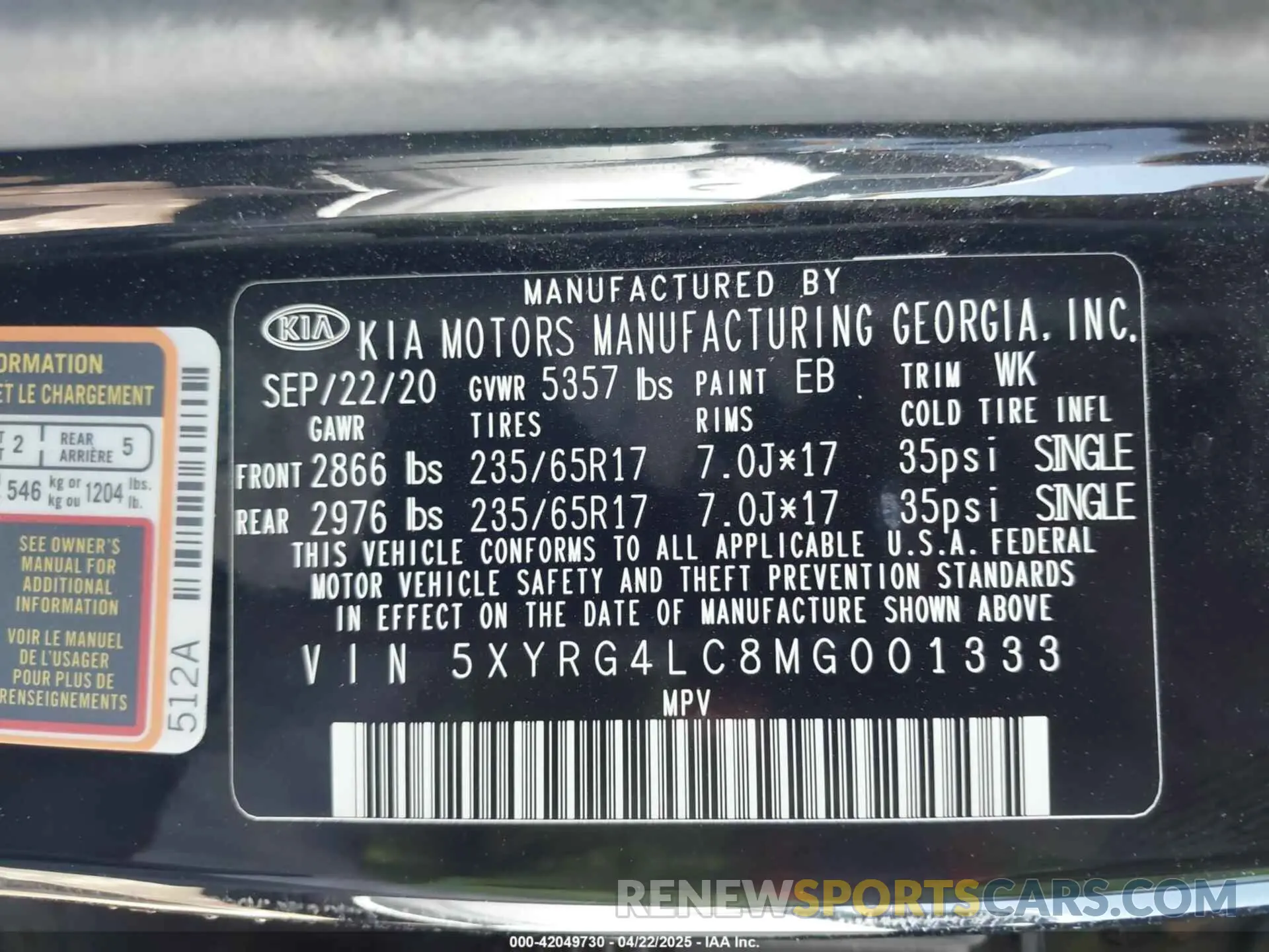 9 Photograph of a damaged car 5XYRG4LC8MG001333 KIA SORENTO 2021