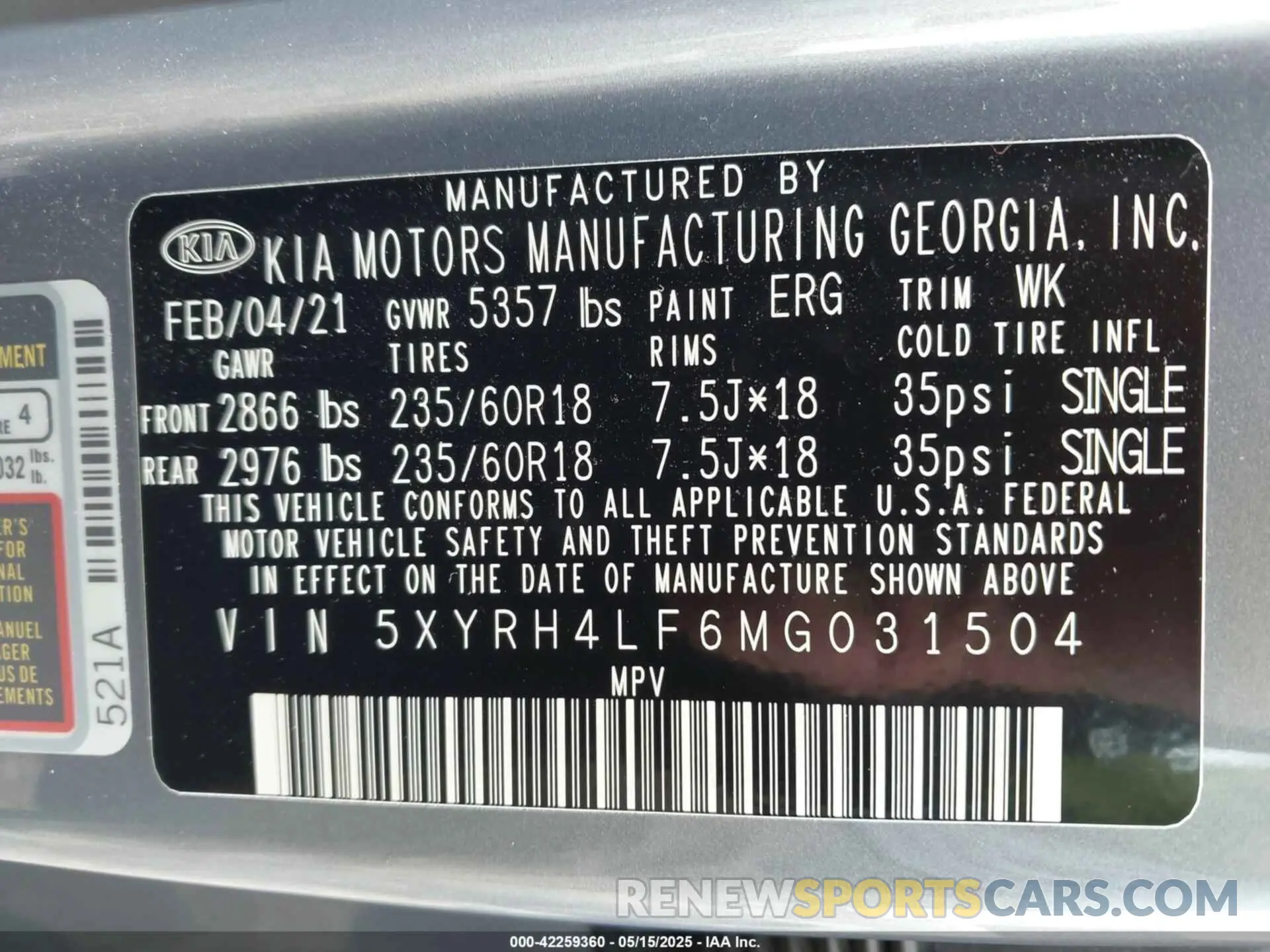 9 Photograph of a damaged car 5XYRH4LF6MG031504 KIA SORENTO 2021