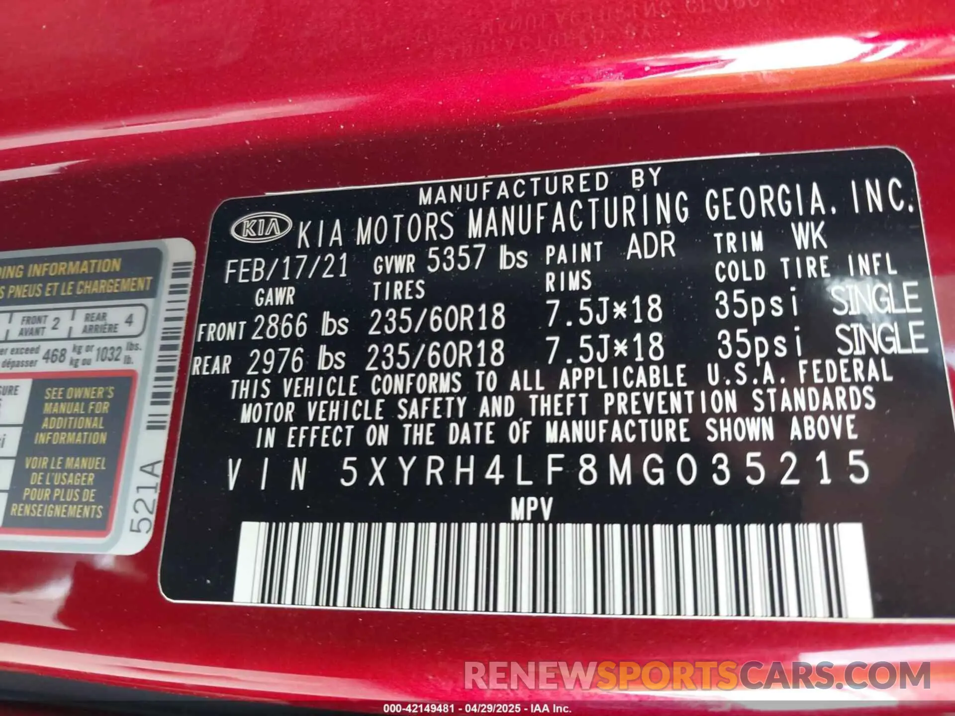 9 Photograph of a damaged car 5XYRH4LF8MG035215 KIA SORENTO 2021