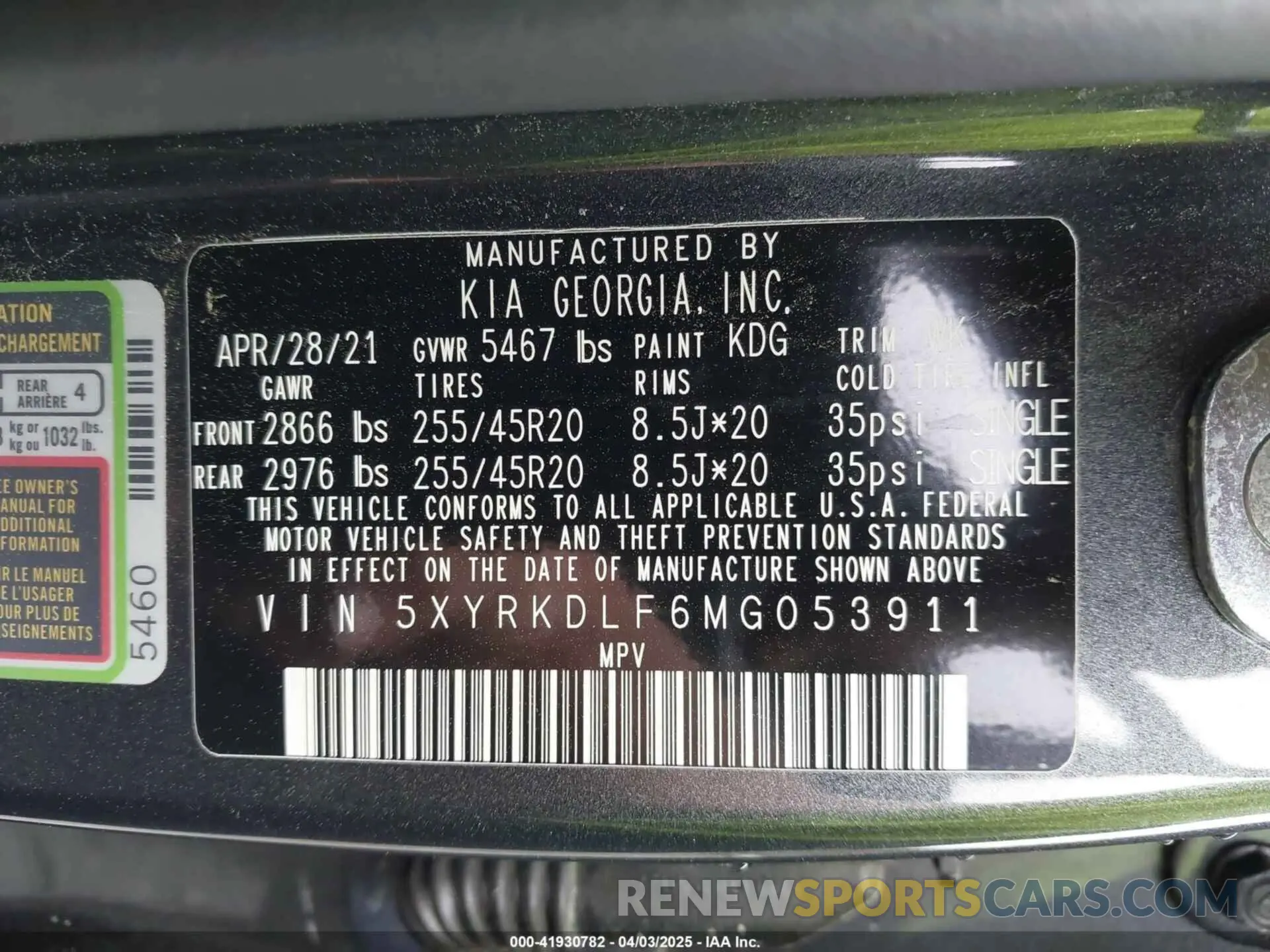 9 Photograph of a damaged car 5XYRKDLF6MG053911 KIA SORENTO 2021