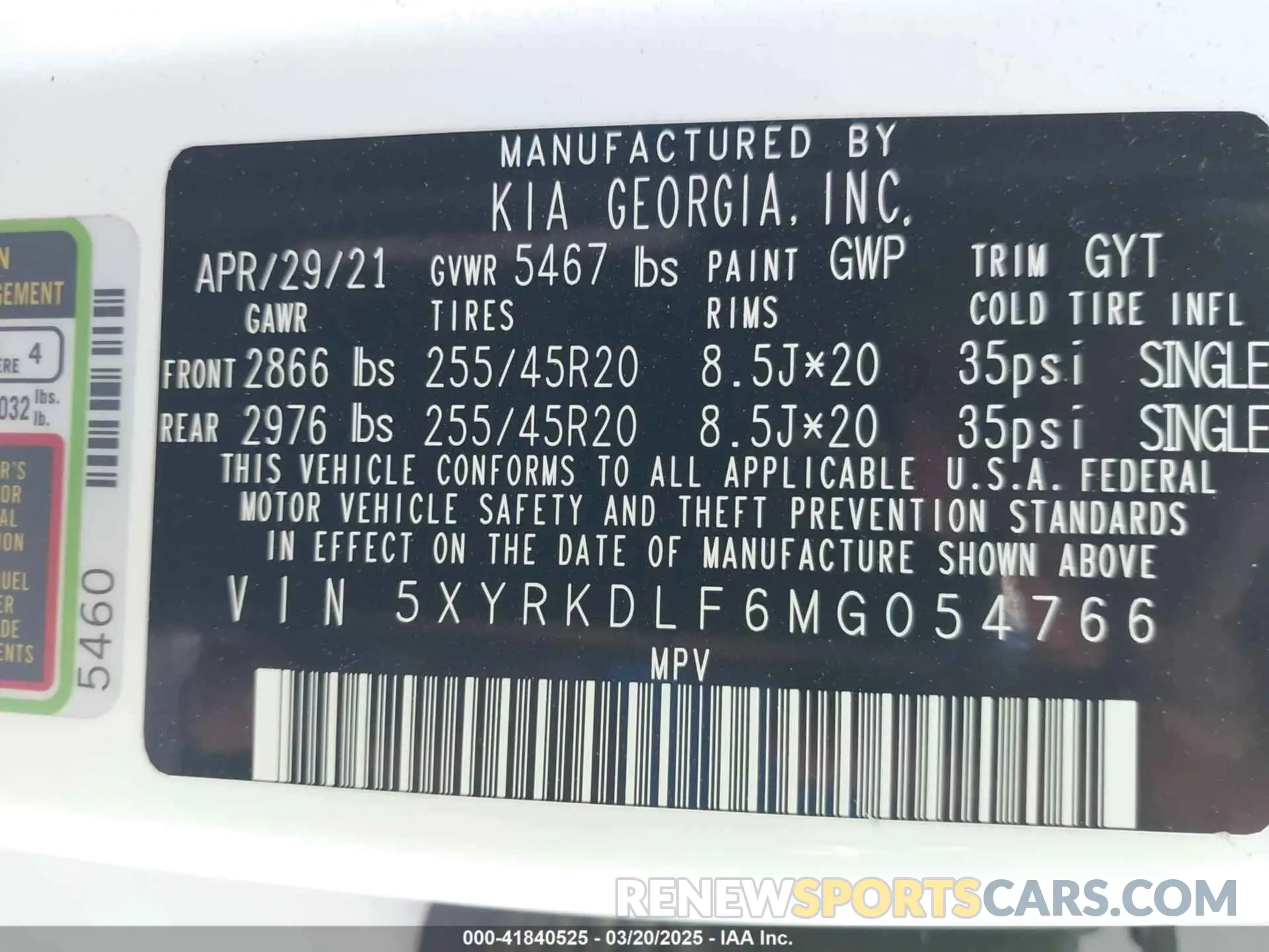 9 Photograph of a damaged car 5XYRKDLF6MG054766 KIA SORENTO 2021