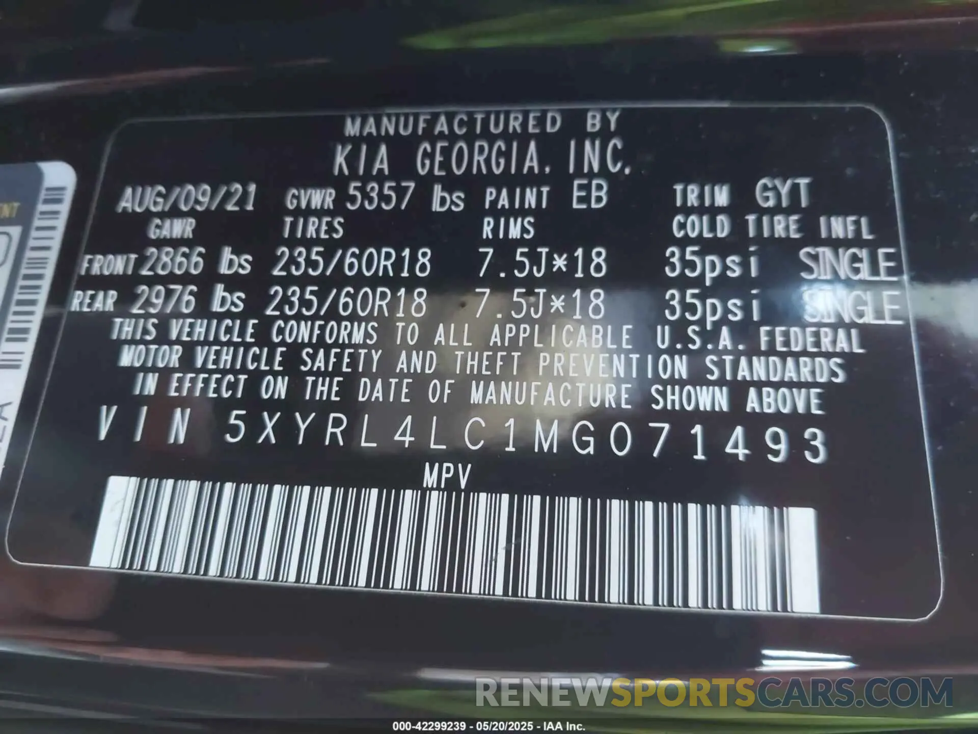 9 Photograph of a damaged car 5XYRL4LC1MG071493 KIA SORENTO 2021