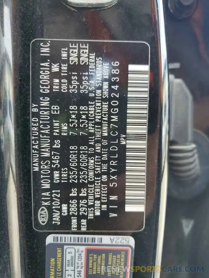 13 Photograph of a damaged car 5XYRLDLC7MG024386 KIA SORENTO 2021