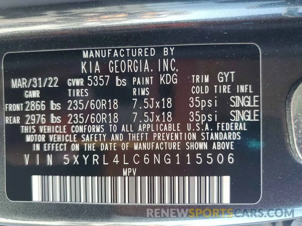 15 Photograph of a damaged car 5XYRL4LC6NG115506 KIA SORENTO 2022